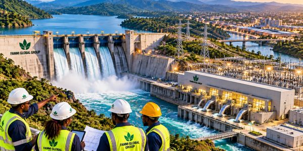 Engineers inspect a large hydroelectric dam with water flowing.