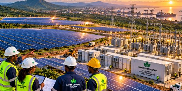 Team inspecting large solar energy farm at sunset.