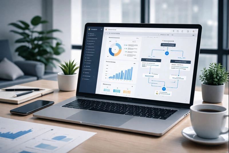 A laptop displaying charts and flowcharts on a wooden desk with plants and a coffee cup.