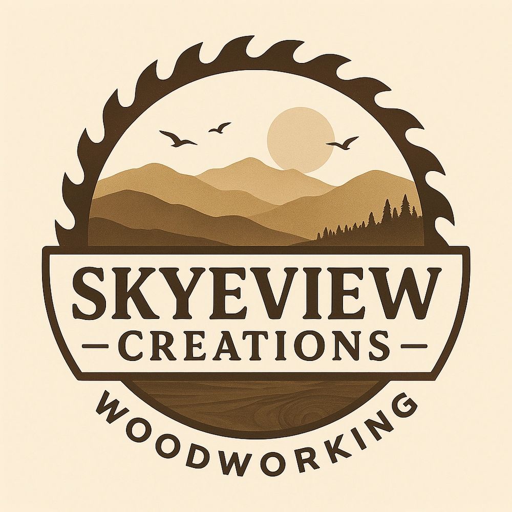 Logo for Skyview Creations Woodworking featuring mountains and birds.