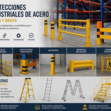 Variety of yellow steel safety barriers and protections for warehouses and construction sites.