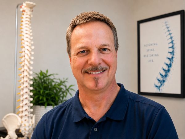 Smiling chiropractor with spine model and poster in background.
