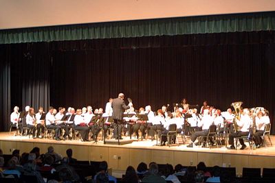 A band performs on stage with a conductor leading.