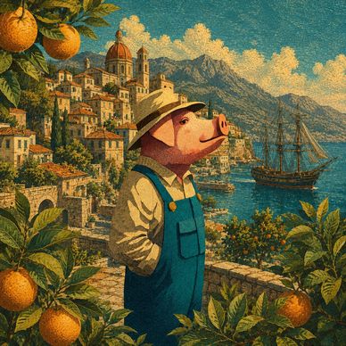Anthropomorphic pig in overalls overlooking a coastal village and ship.