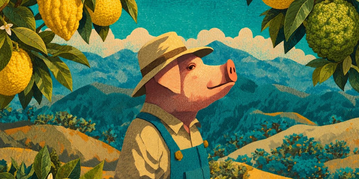 A pig in farmer attire under citrus trees with mountains in background.