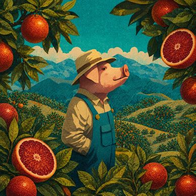 Pig farmer in overalls among orange trees.