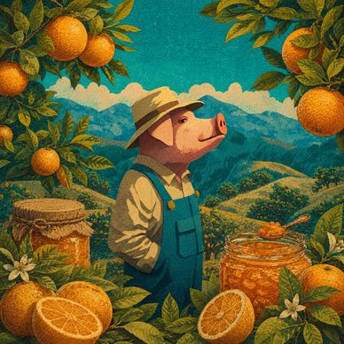 Anthropomorphic pig farming oranges with honey jars.