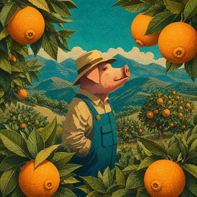 Anthropomorphic pig in farmer attire among orange trees.