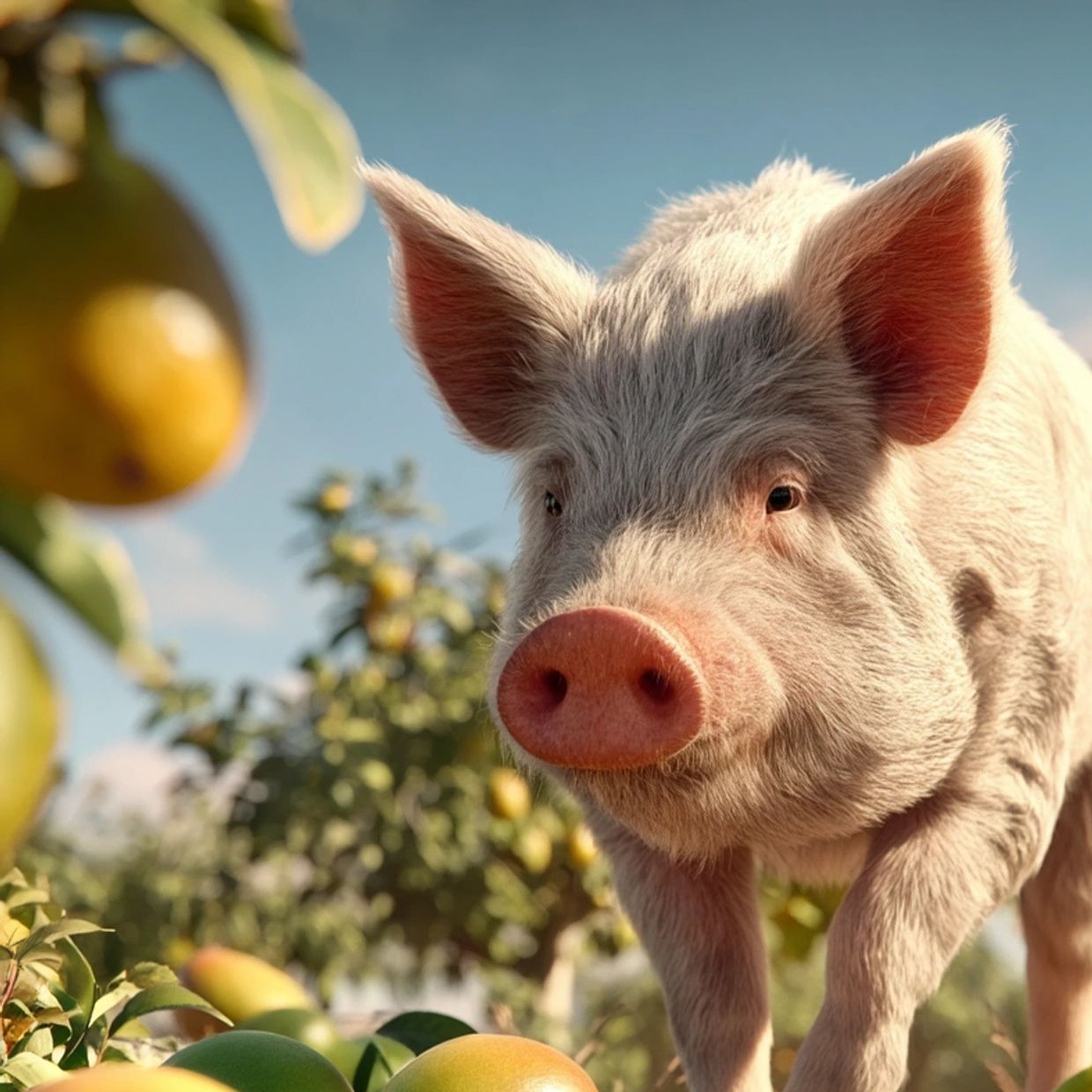 A pig in a sunny orchard near fruit trees.
