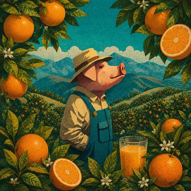 Pig farmer surrounded by oranges in an orchard with a glass of orange juice.
