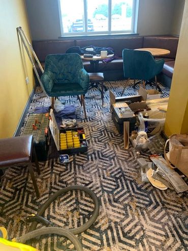 The snug being created with freshly painted walls and new carpet