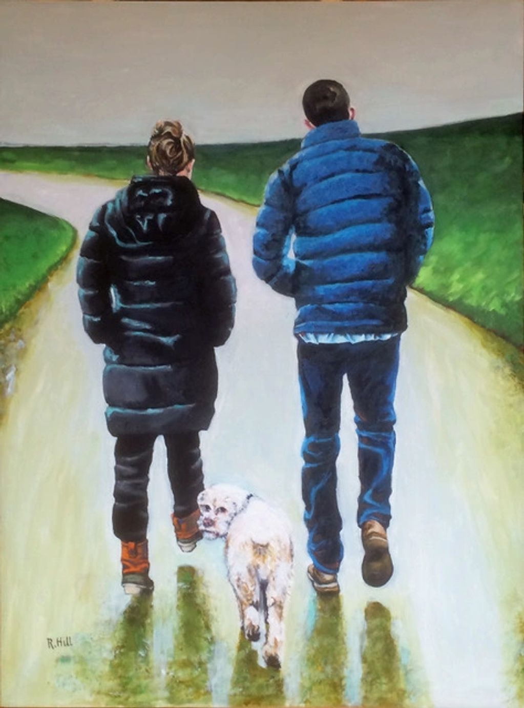 Painting of young man and woman walking dog 