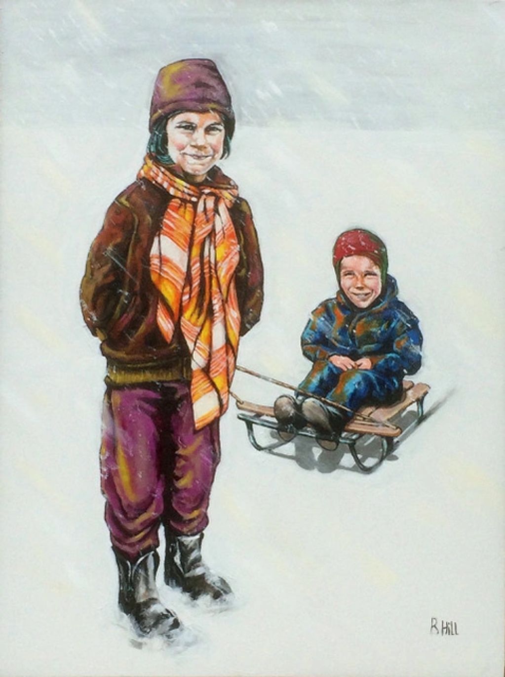 Painting of two children sledding for sale