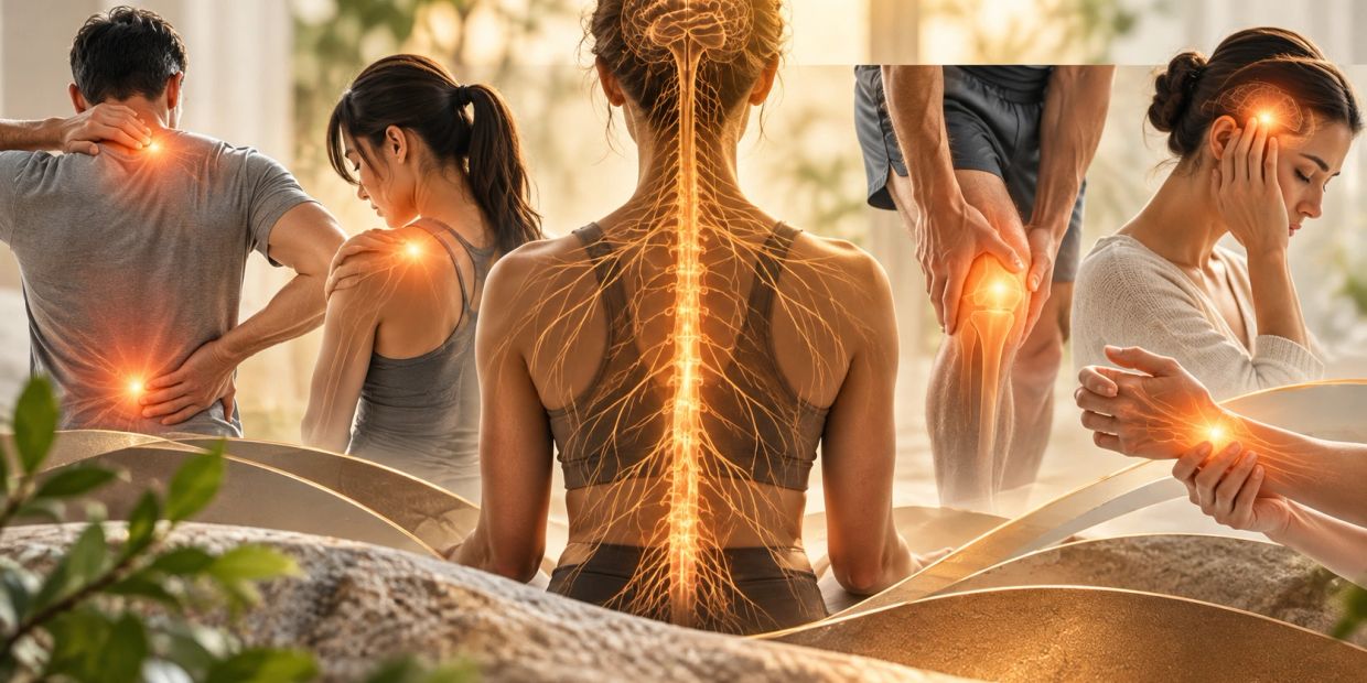 Illustration highlighting different areas of body pain and the nervous system, representing the conn