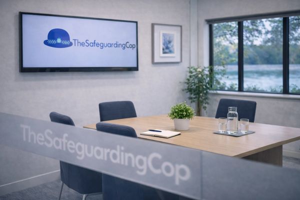 Modern meeting room with TheSafeguardingCop branding and a view outside.