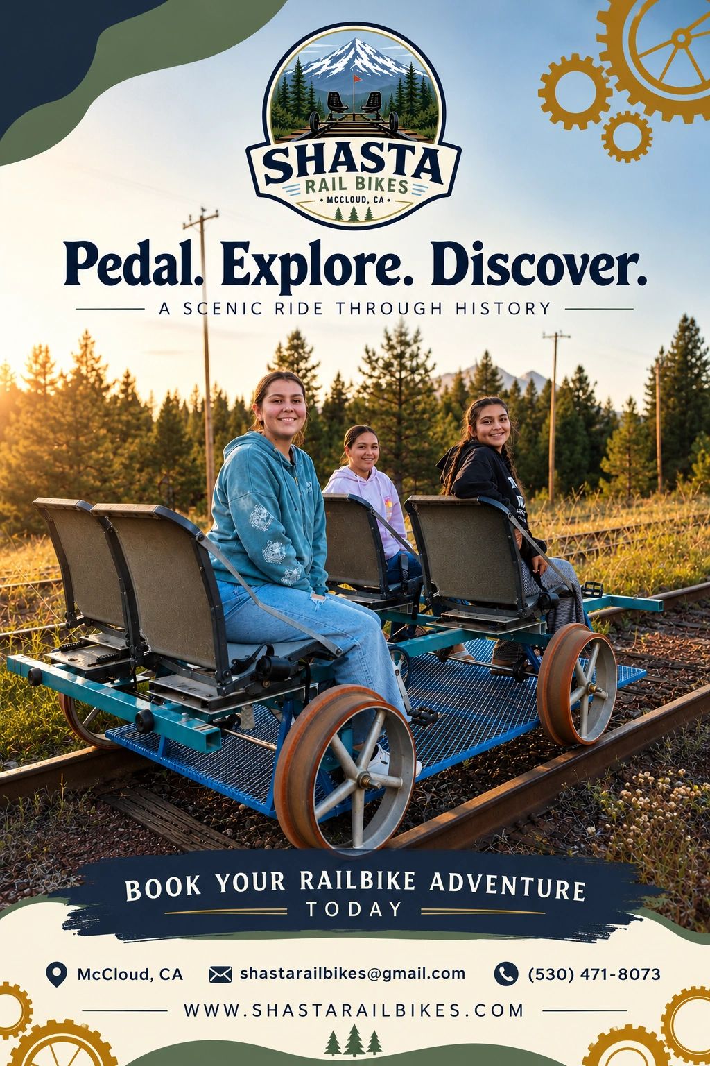 Three women enjoying a railbike ride in a scenic outdoor setting.