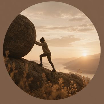 Person pushing a large boulder uphill at sunset.