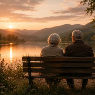 An elderly couple sits on a bench by the lake at sunset.