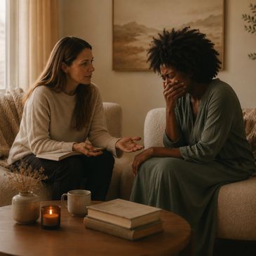 Two women engaged in an emotional conversation in a cozy living room.