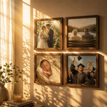 Cozy wall with framed family milestones illuminated by warm sunlight.