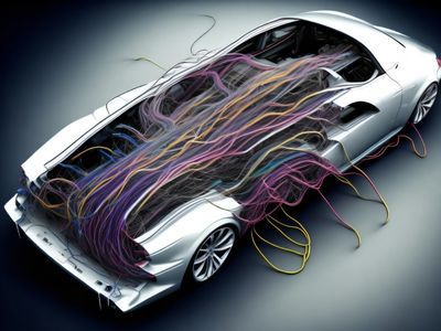 Drawing depicting excessive data cables filling a modern vehicle.