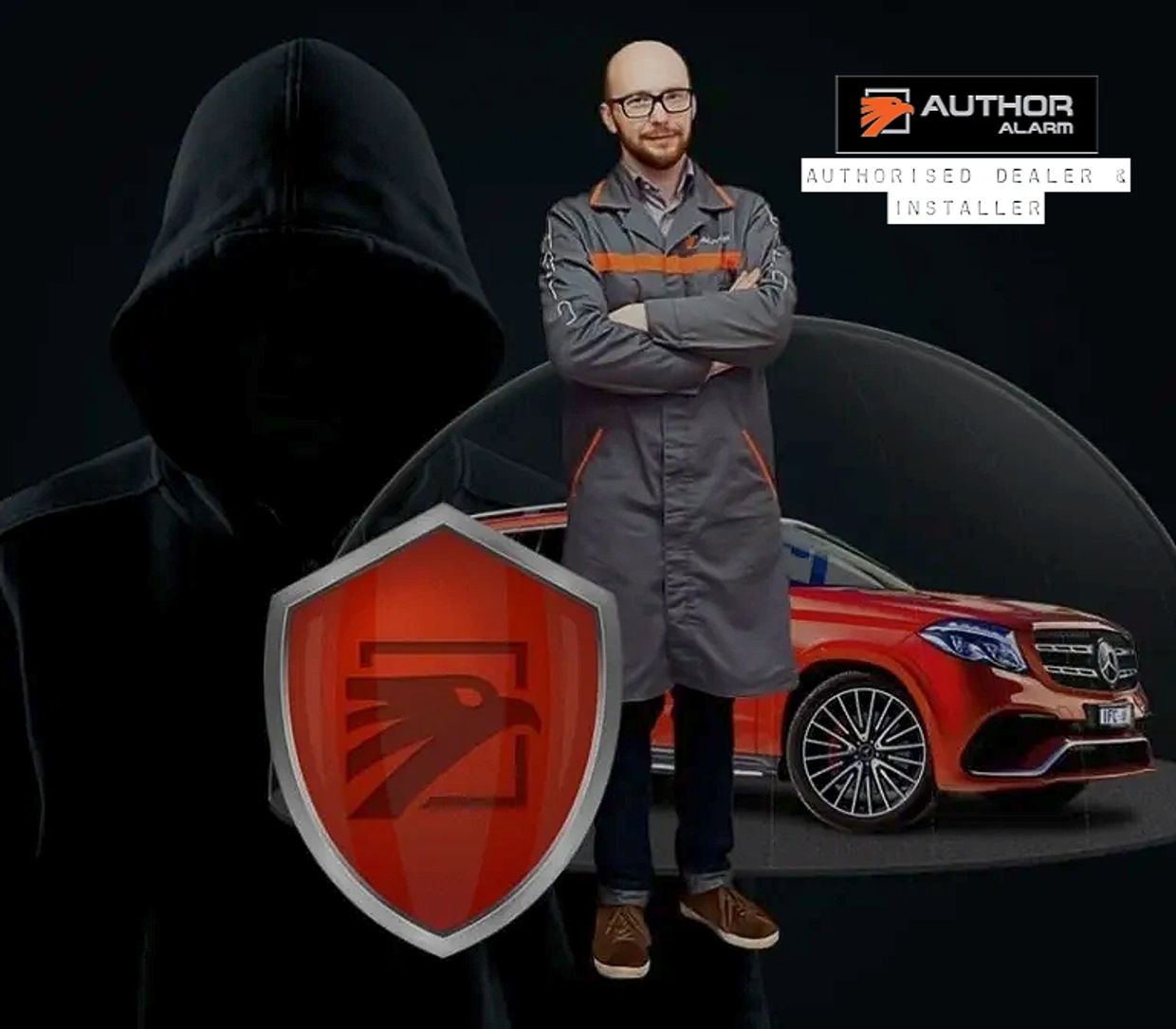 Author Alarm Technician standing in front of SUV in protective bubble..