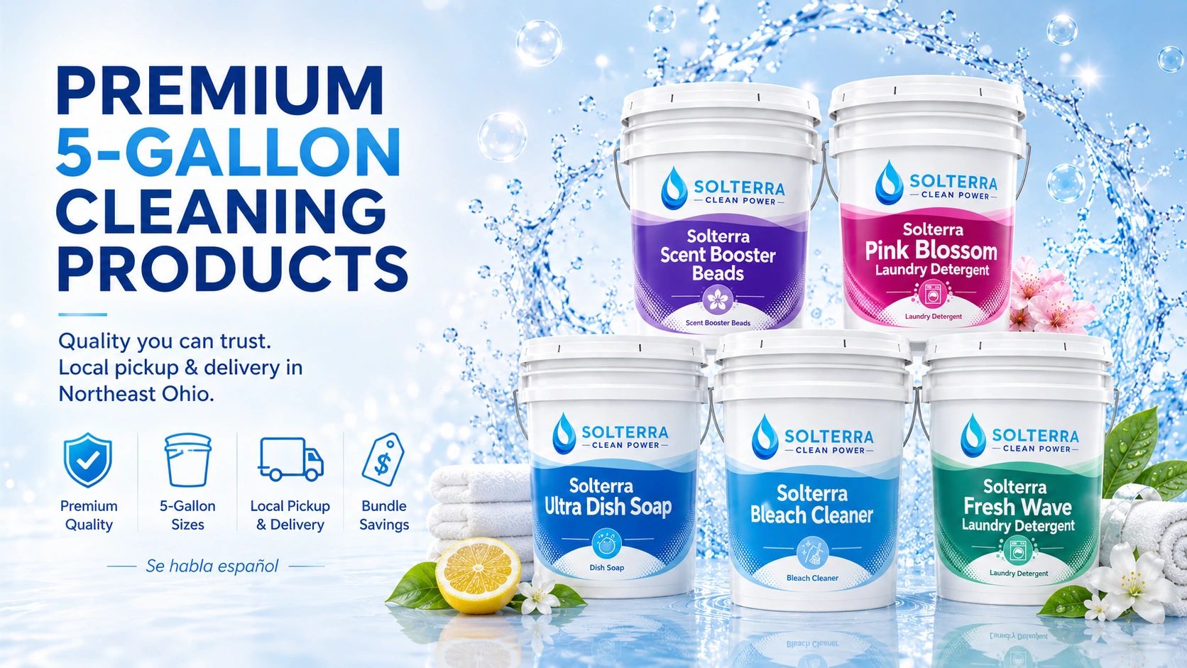 Premium 5-gallon cleaning products by Solterra with local pickup and delivery in Northeast Ohio.