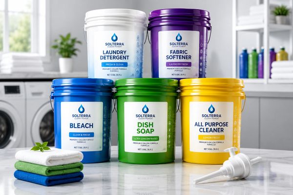 Five colorful Solterra cleaning product buckets arranged on a kitchen counter.