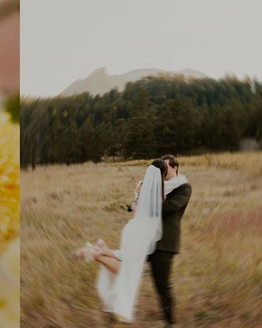 Bride and groom kissing in a field with blurred surroundings.