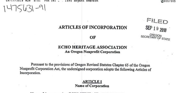 Established as 501 c 3 Oregon Public Non-profit September 2018