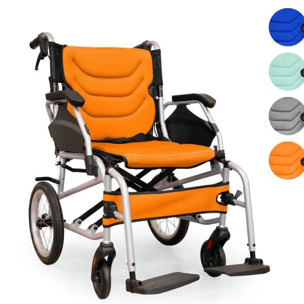 Orange cushioned wheelchair with sturdy frame and wheels.