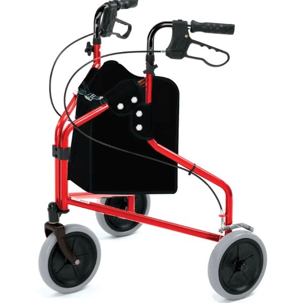 Red three-wheeled walker with black handles and storage bag.