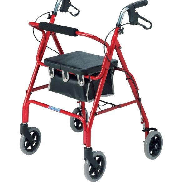 Red four-wheeled walker with a seat and storage pouch for mobility assistance.
