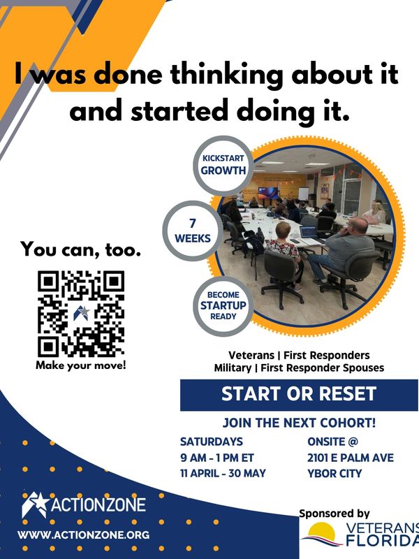 Motivational flyer encouraging veterans and responders to join a startup program.