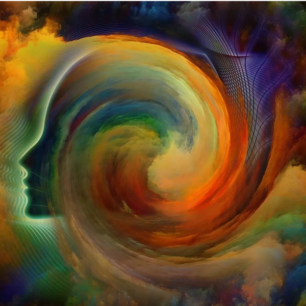 A vibrant, swirling abstract face blending into colorful cosmic clouds.