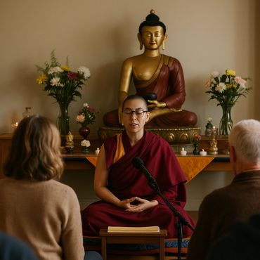 A Tibetan Buddhist nun leads a meditation session at Lotus Hearts Buddhist Institute, seated