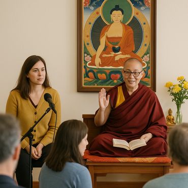 Geshe-ma teaching with a smile, seated before a Buddha thangka, speaking to a small group.