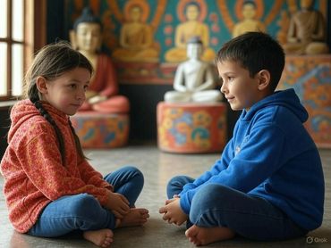 Two young children sit cross-legged facing each other in a Tibetan Buddhist shrine room