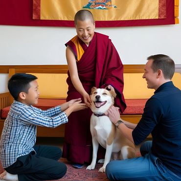 A Tibetan Buddhist nun blesses a happy dog, surrounded by a smiling child and adult in a shrine room.