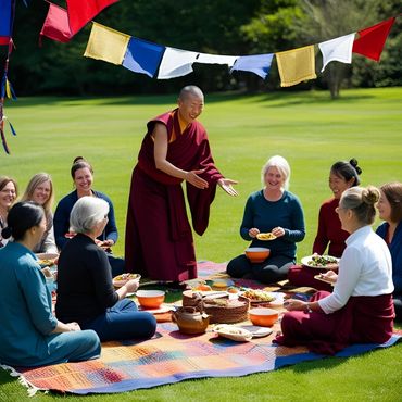 A Tibetan nun shares food with women seated on a picnic blanket under prayer flags outdoors.