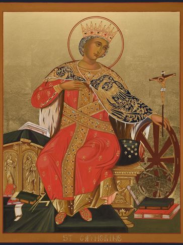 Iconographic painting of St. Catherine with crown and a wheel.