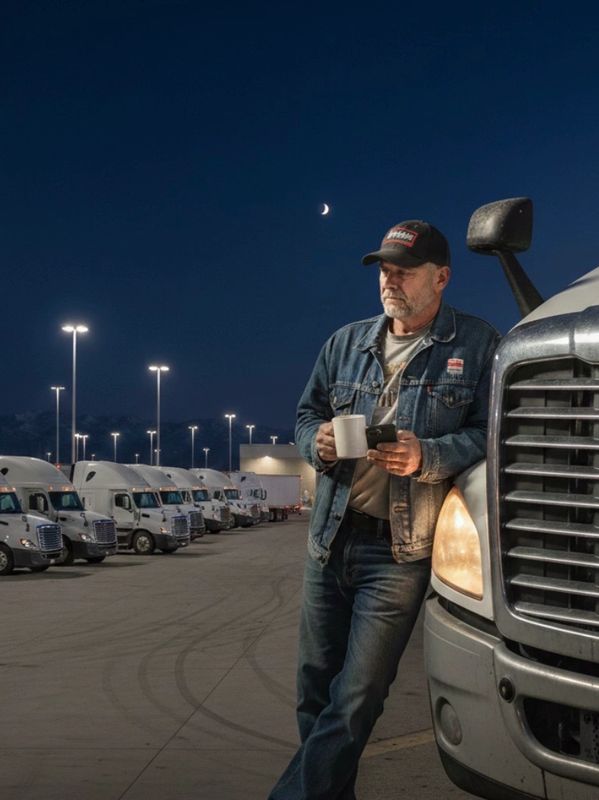Truck driver with coffee and phone leans on cab in parking lot at night.