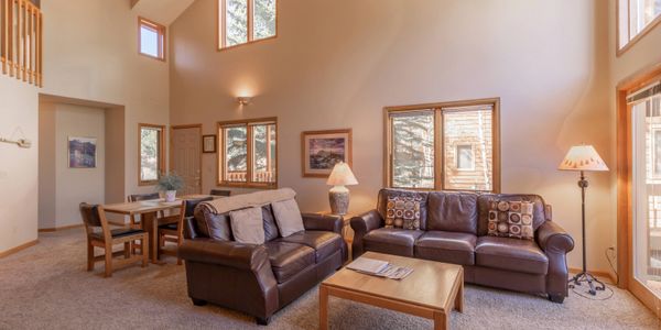 Cozy living room with leather sofas and natural light.