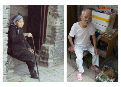 A bound foot woman in 1984 stares into oblivion. In 2014, and old man diligently guards his chicken.