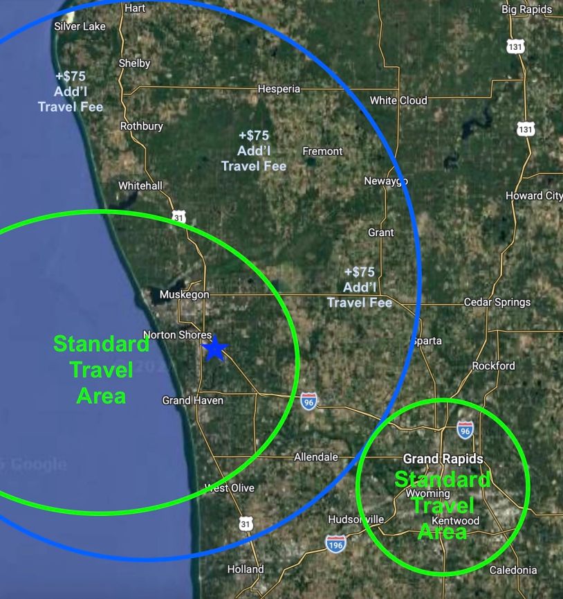 Map showing standard and additional travel fee areas in western Michigan.