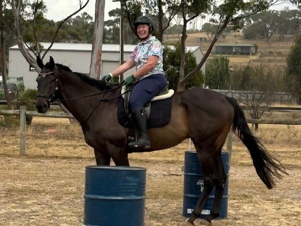 Smiling woman riding a horse outdoors near barrels.
