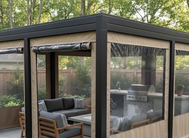 Outdoor patio with furniture. Patio wrapped in a Robie enclosure.