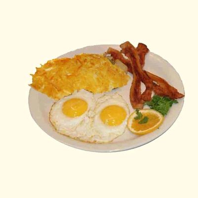 Two eggs, hash browns, bacon and toast 