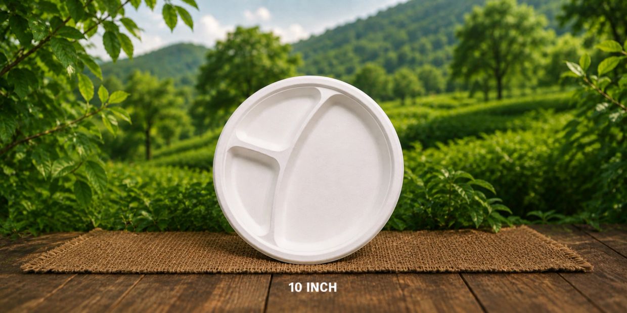 Eco-friendly 10-inch divided paper plate on rustic wooden table outdoors.