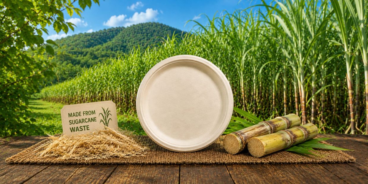 Eco-friendly plate made from sugarcane waste with fresh sugarcanes in the background.